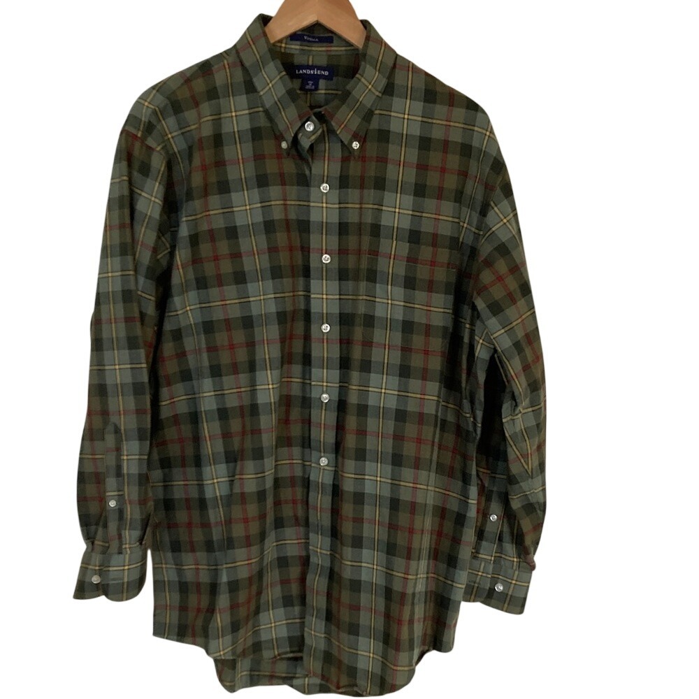 Lands' End Men's Olive Viyella Plaid Button Down Shirt Size 17.5 XL Wool Blend‎